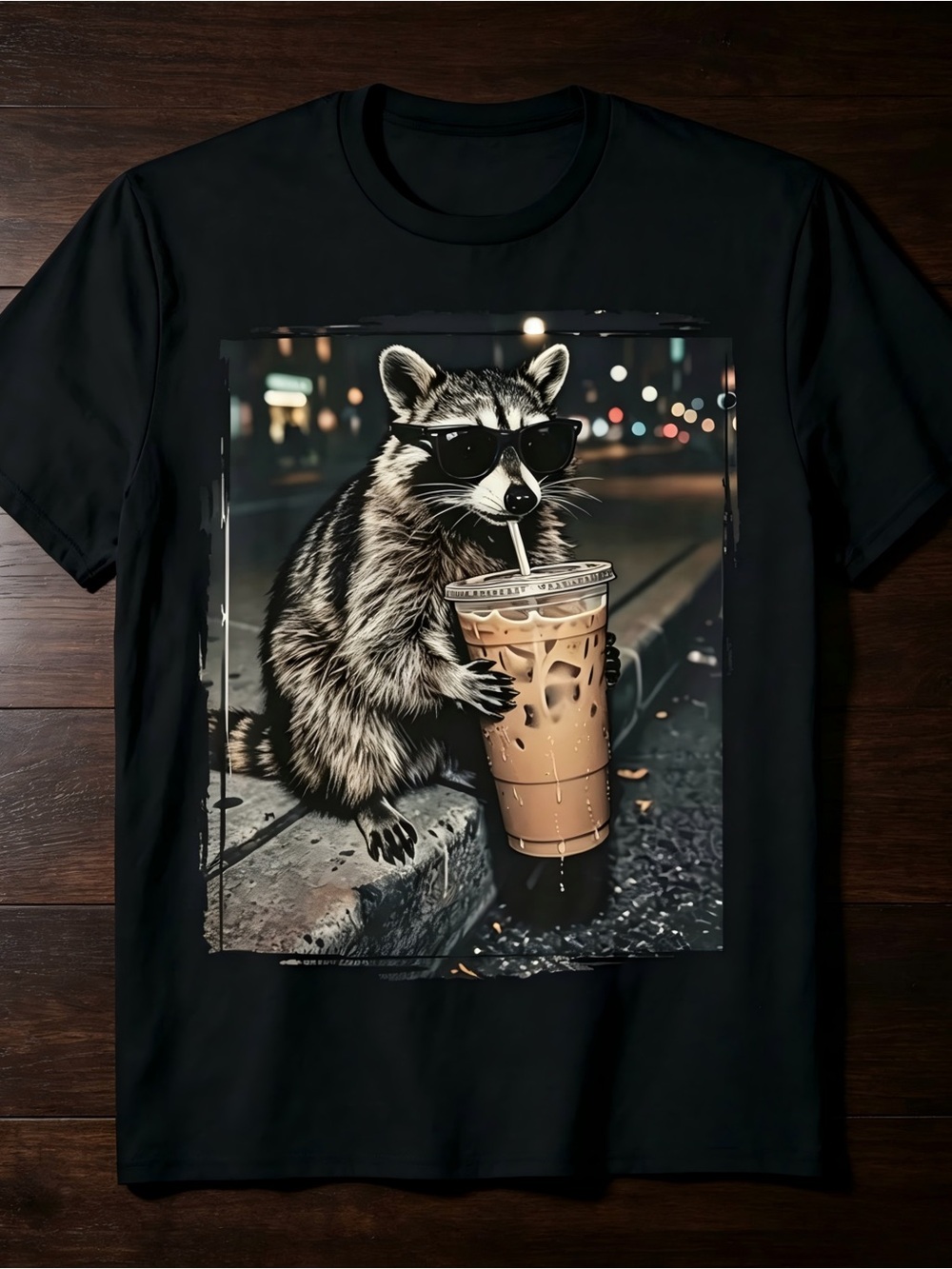 Raccoon Drinking Iced Coffee Funny Animal Meme T-Shirt